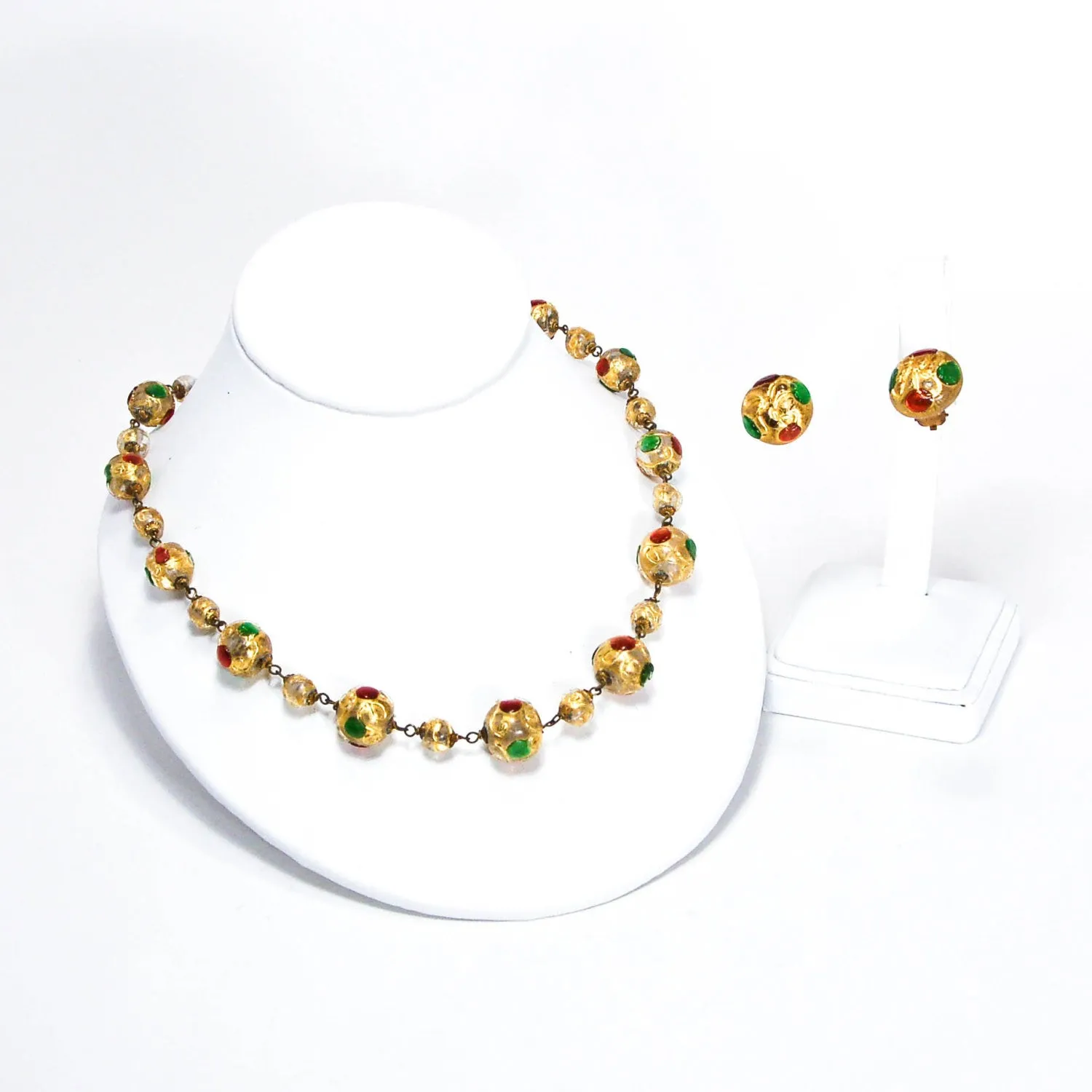 1940's Venetian Glass Bead Necklace and Earrings Set Golden Jewel Tones