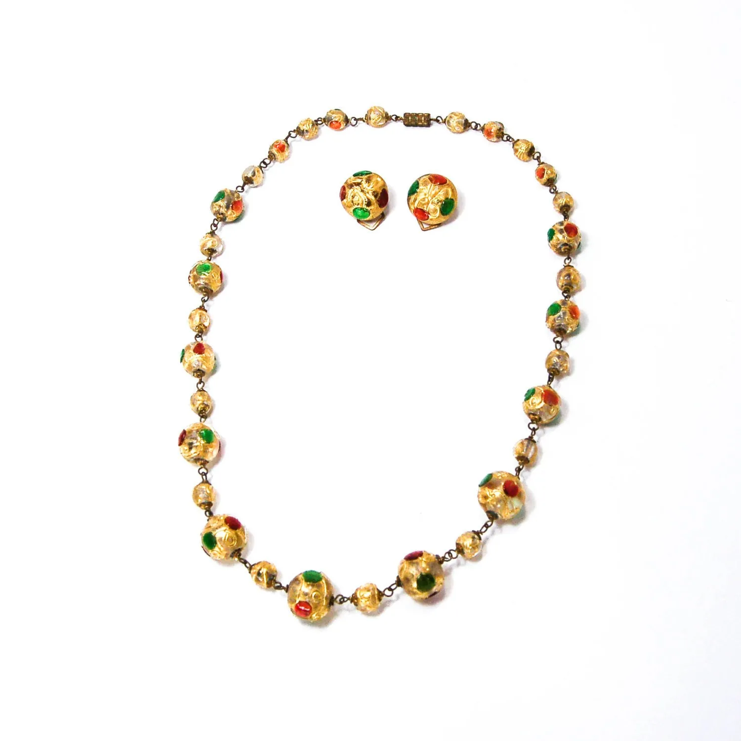 1940's Venetian Glass Bead Necklace and Earrings Set Golden Jewel Tones