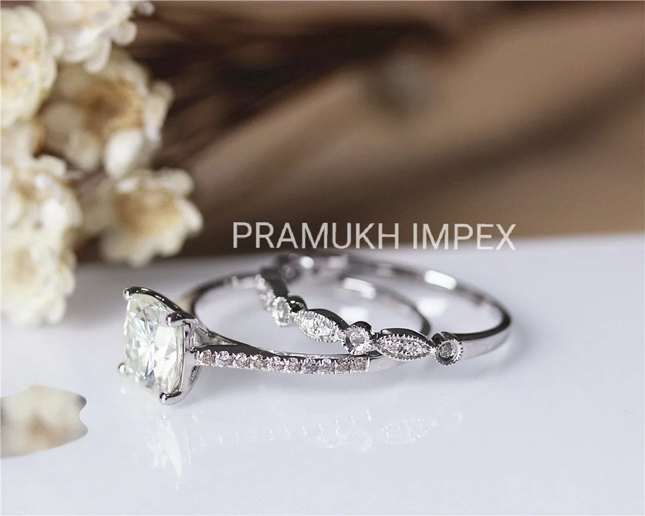 2.28TCW Cushion Moissanite Engagement Ring Set Solid 14K White Gold Vintage Clusrer Unique Wedding Ring & Band For Women Anniversary Gift