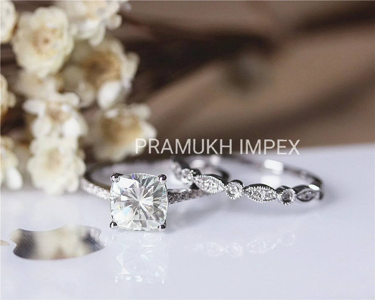 2.28TCW Cushion Moissanite Engagement Ring Set Solid 14K White Gold Vintage Clusrer Unique Wedding Ring & Band For Women Anniversary Gift