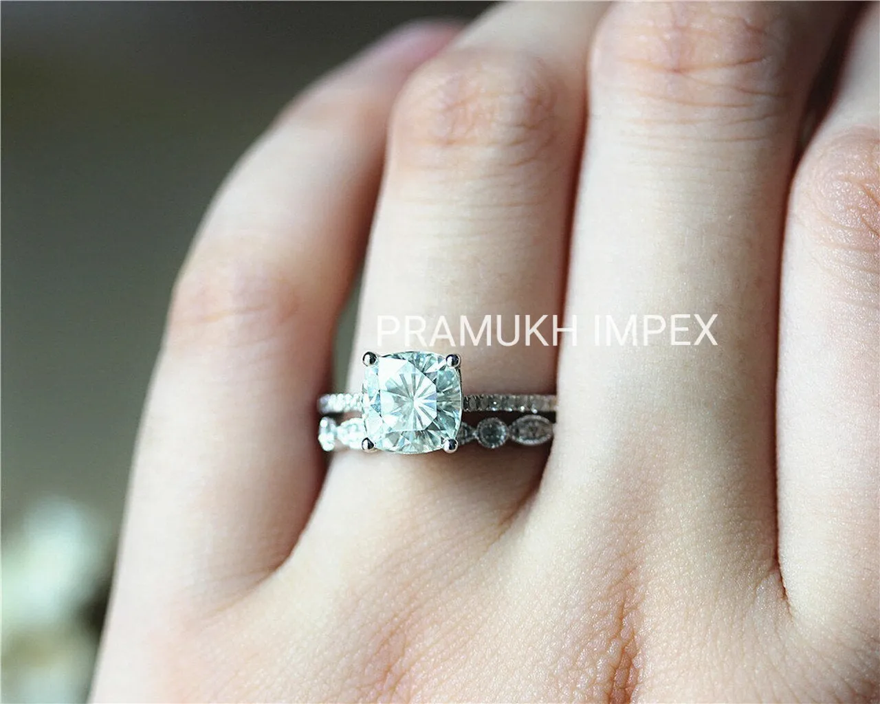 2.28TCW Cushion Moissanite Engagement Ring Set Solid 14K White Gold Vintage Clusrer Unique Wedding Ring & Band For Women Anniversary Gift