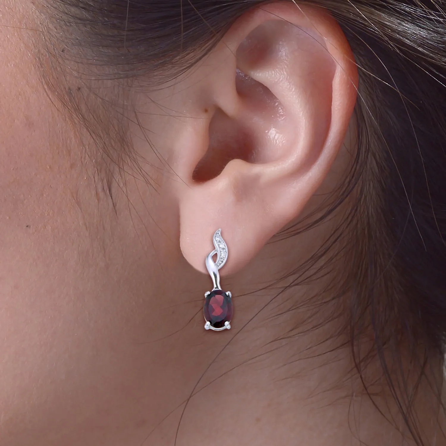 2.70 cttw Garnet Dangle Earrings .925 Sterling Silver With Rhodium 9x7 MM Oval