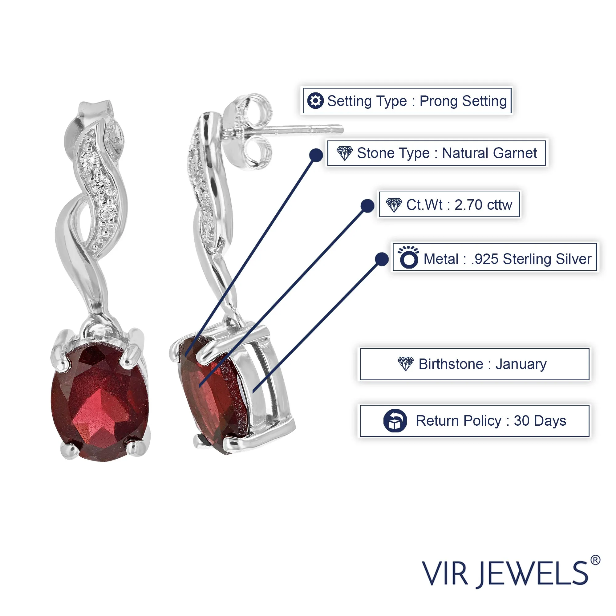 2.70 cttw Garnet Dangle Earrings .925 Sterling Silver With Rhodium 9x7 MM Oval