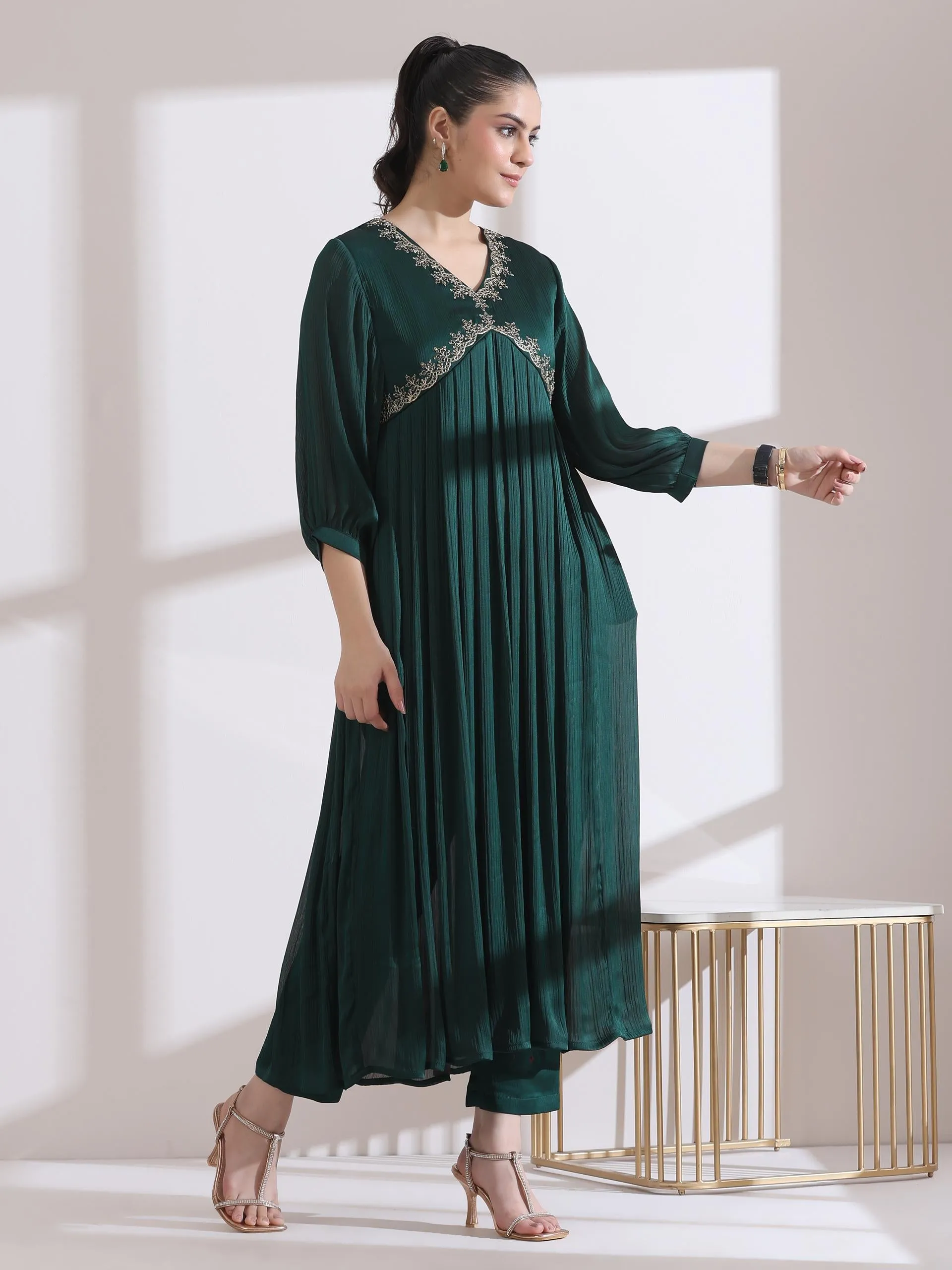 3 Pc Set - Dual Shade Emerald Butter Chiffon And Embroidery With Matching Pants And Dupatta