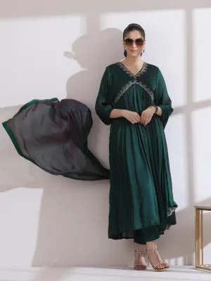 3 Pc Set - Dual Shade Emerald Butter Chiffon And Embroidery With Matching Pants And Dupatta