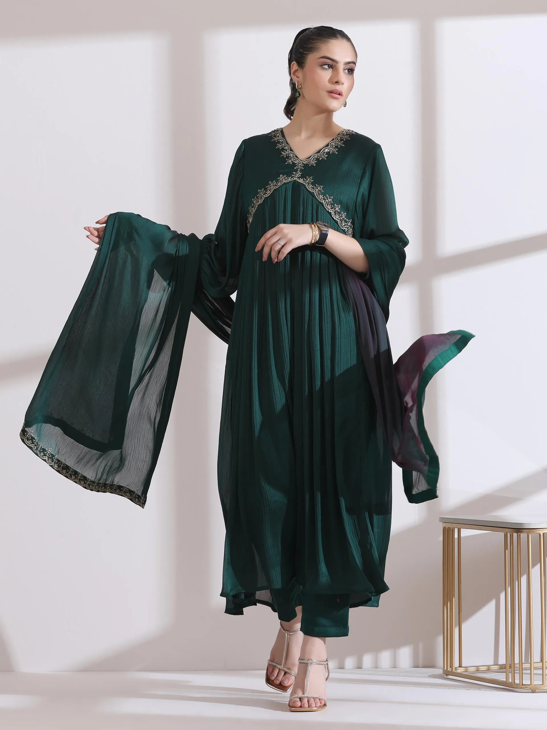 3 Pc Set - Dual Shade Emerald Butter Chiffon And Embroidery With Matching Pants And Dupatta