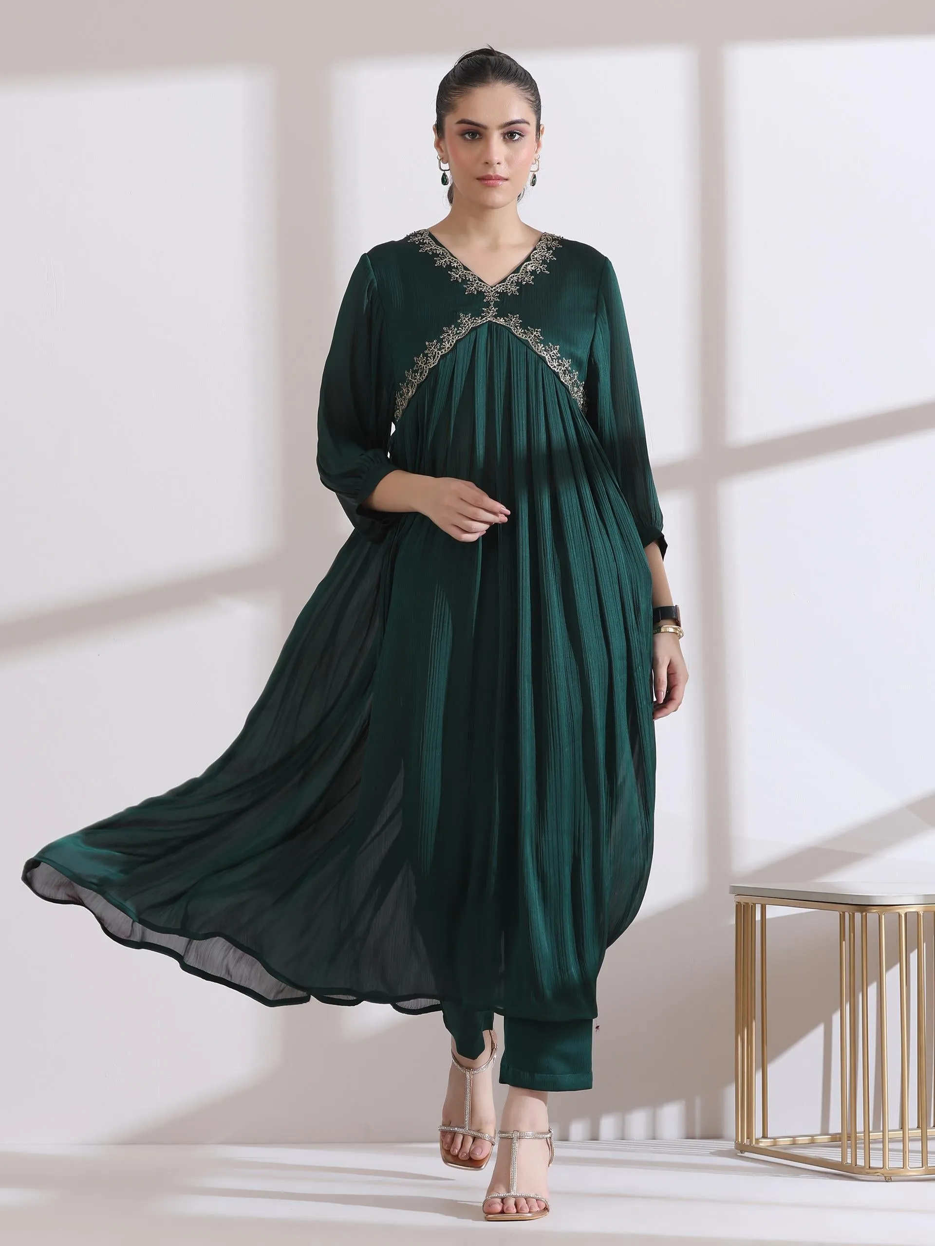 3 Pc Set - Dual Shade Emerald Butter Chiffon And Embroidery With Matching Pants And Dupatta