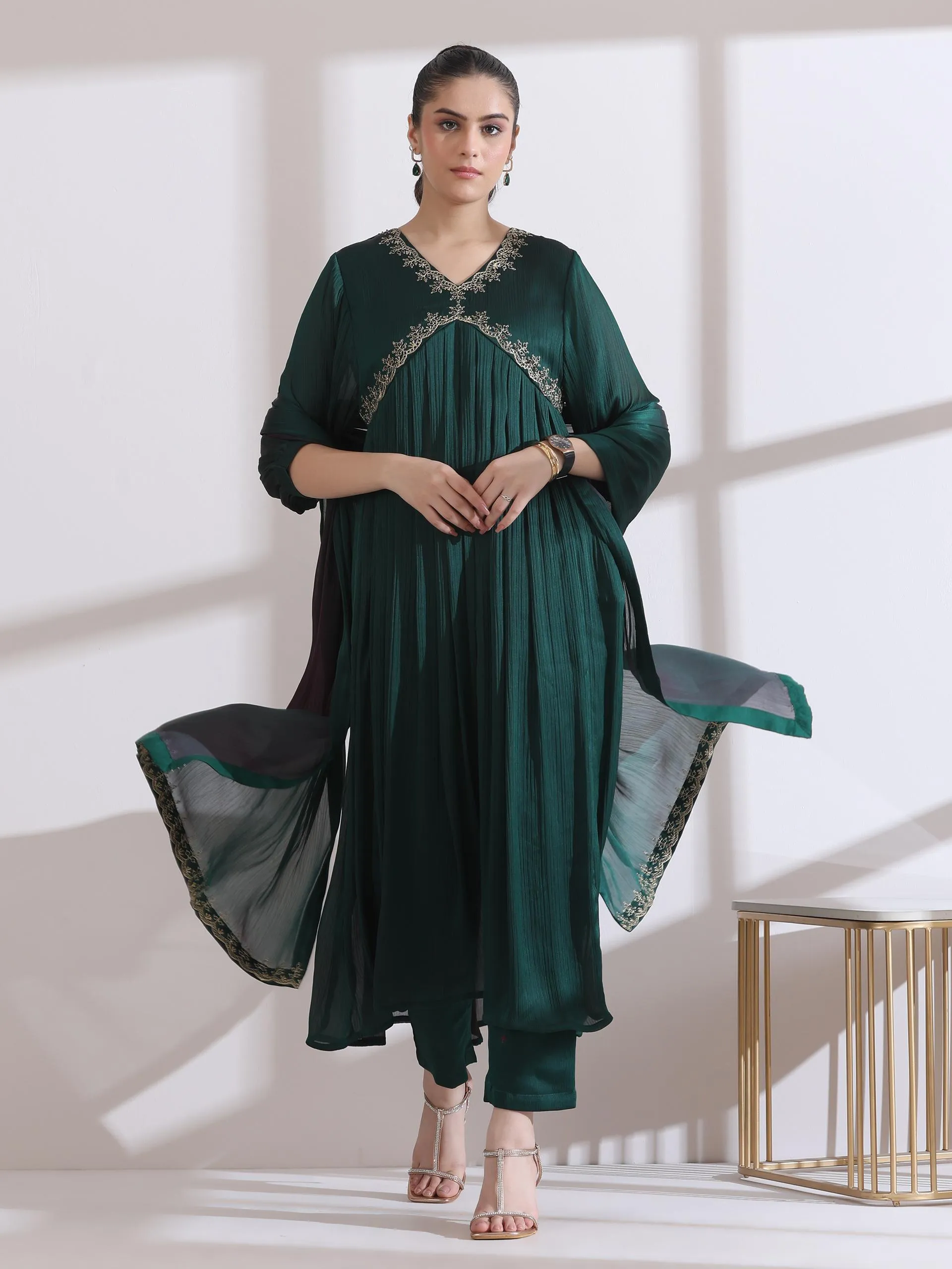 3 Pc Set - Dual Shade Emerald Butter Chiffon And Embroidery With Matching Pants And Dupatta