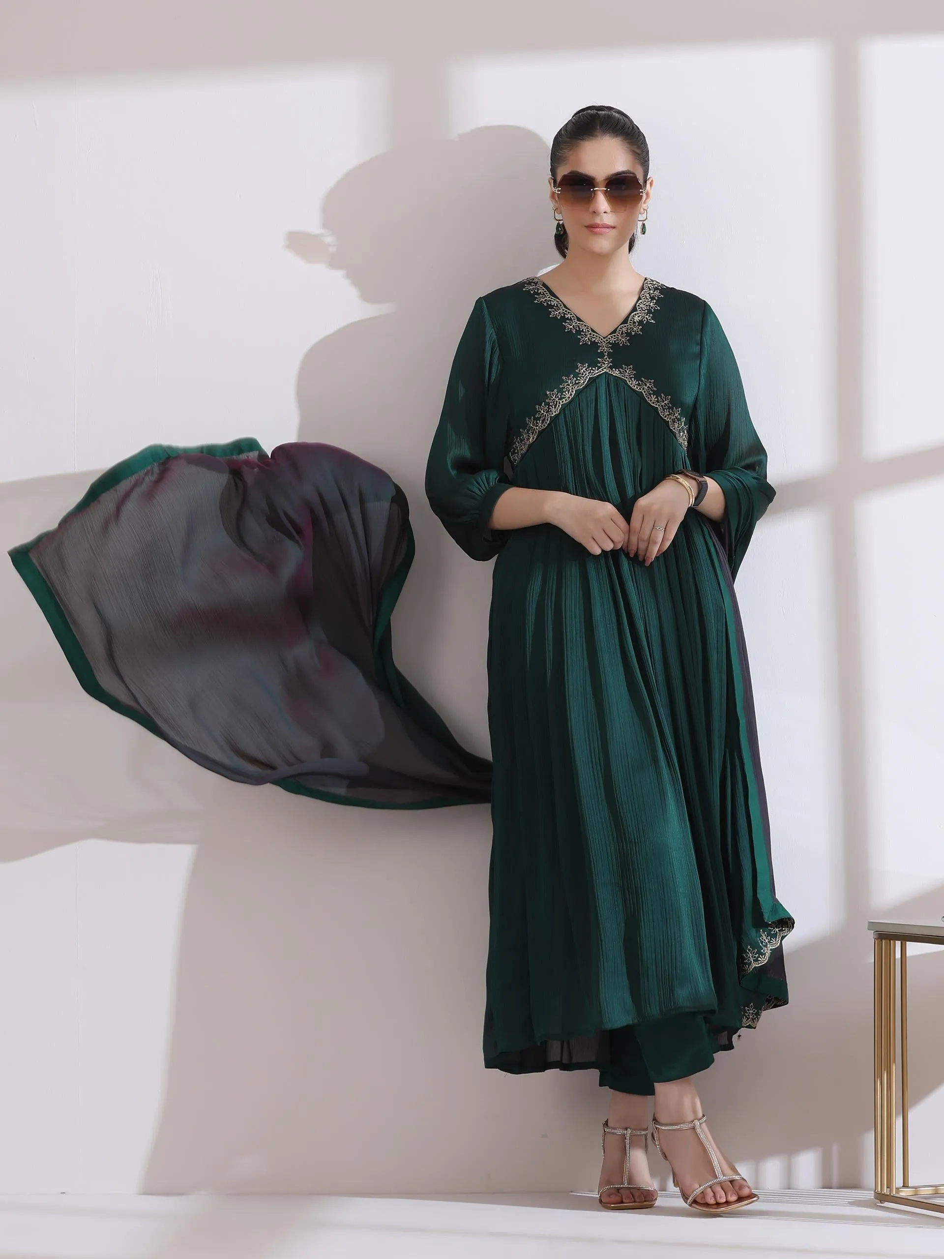3 Pc Set - Dual Shade Emerald Butter Chiffon And Embroidery With Matching Pants And Dupatta