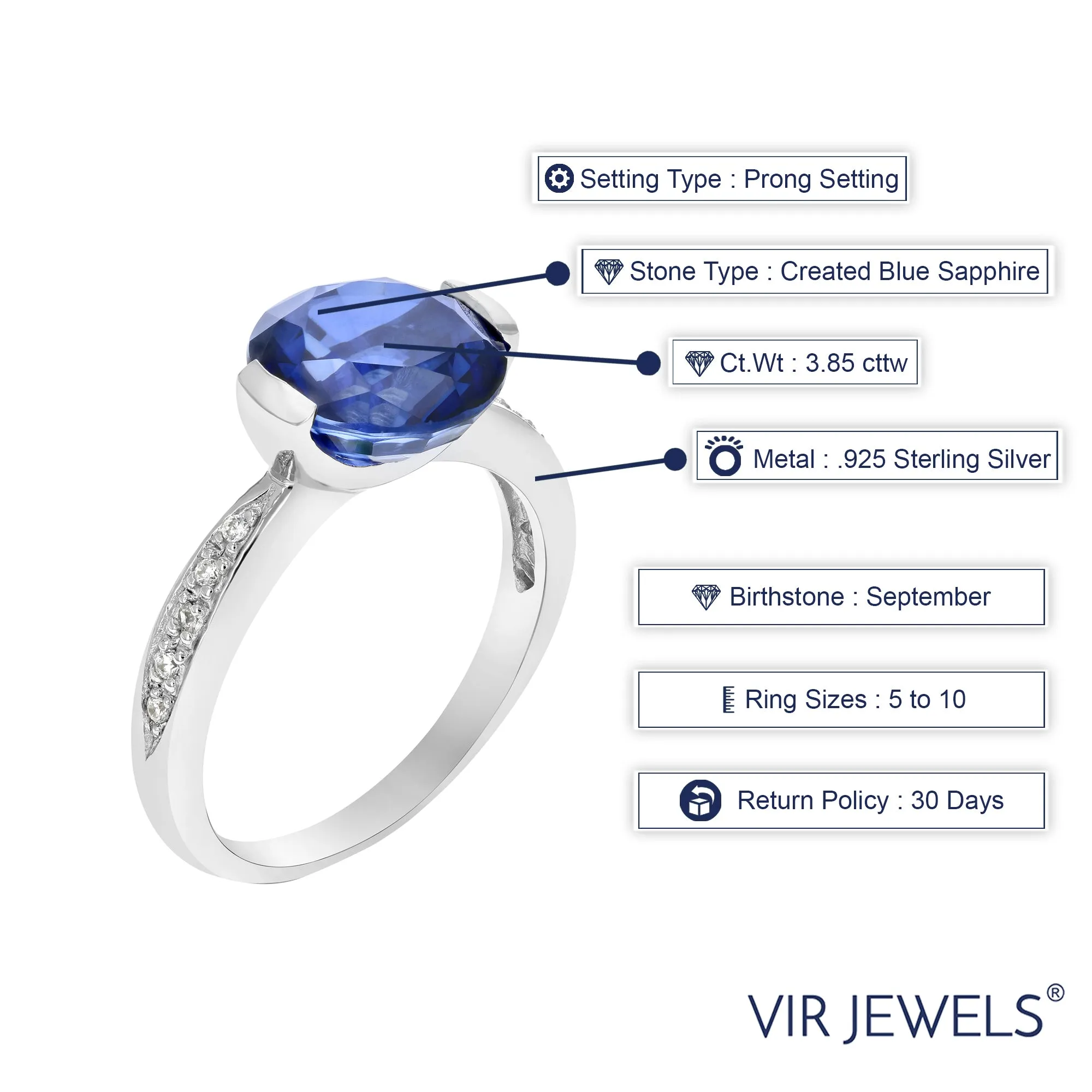 3.85 cttw Created Blue Sapphire Ring .925 Sterling Silver Round 10 MM Size 7