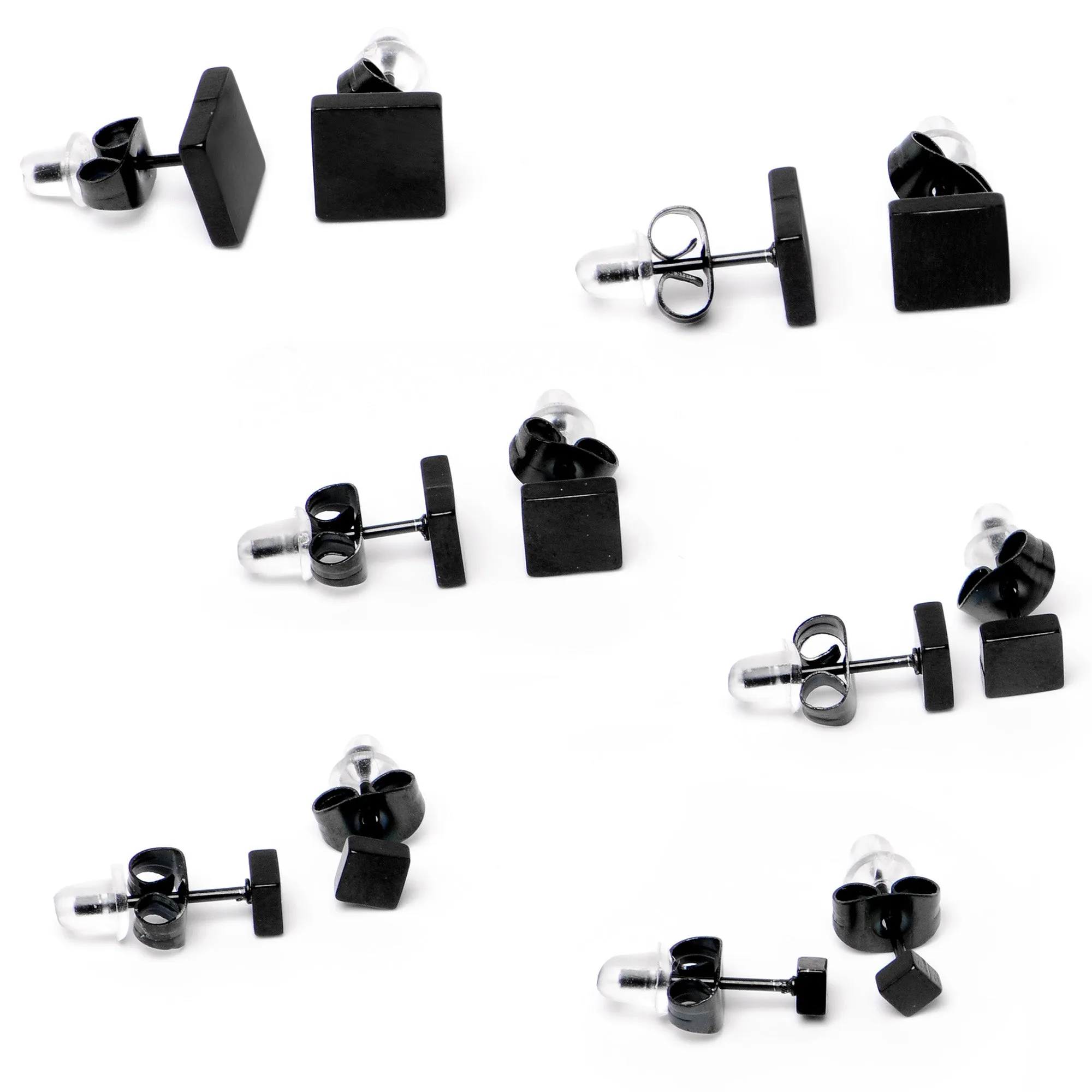 3mm-8mm Square Stud Black 316L Stainless Steel Earrings 6 Pack