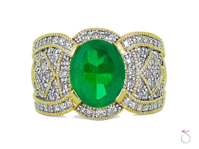 4.00ct Oval cut Emerald and Diamond Ring in 14K Yellow Gold