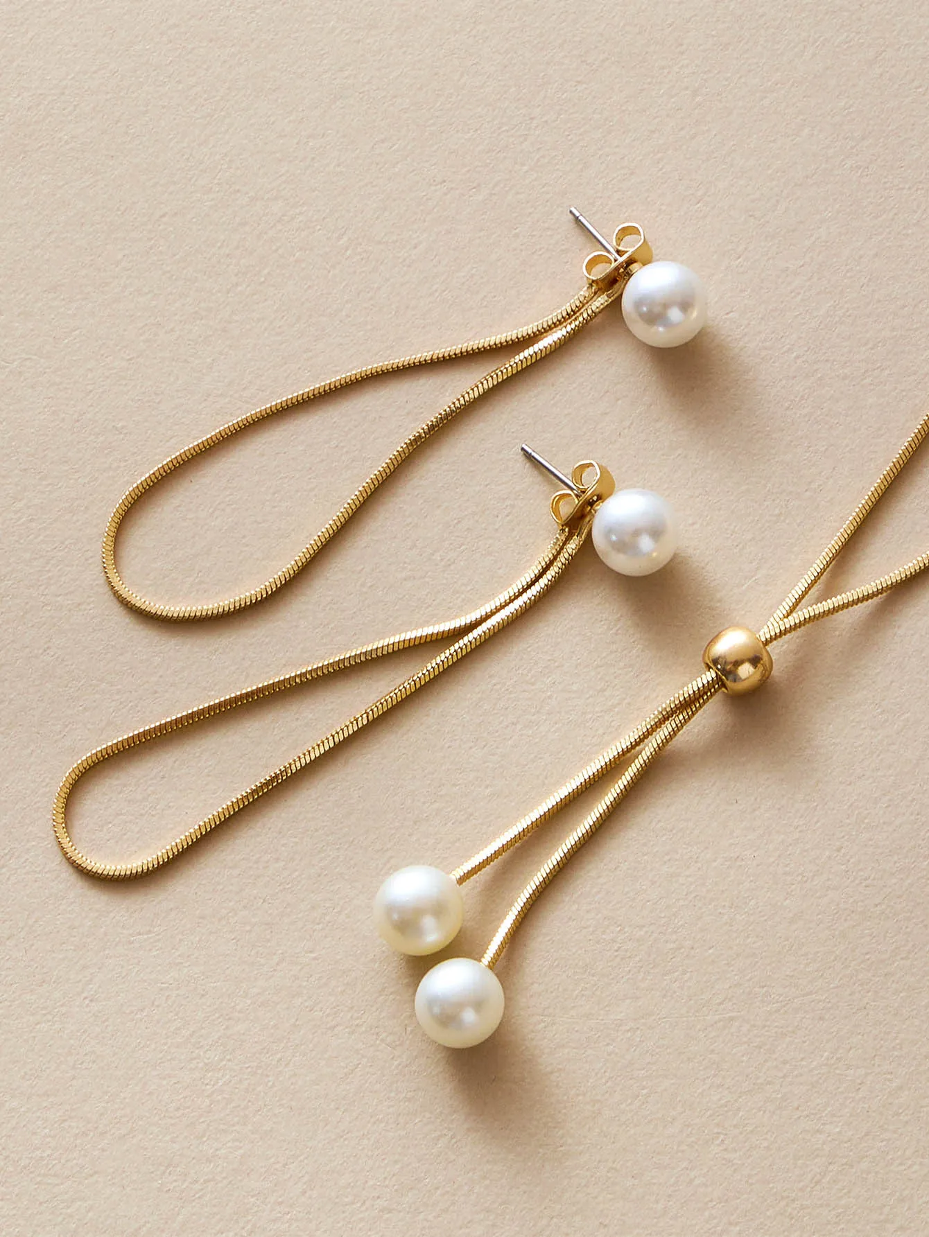 4pcs Faux Pearl Decor Necklace & Earrings & Bracelet - Gold