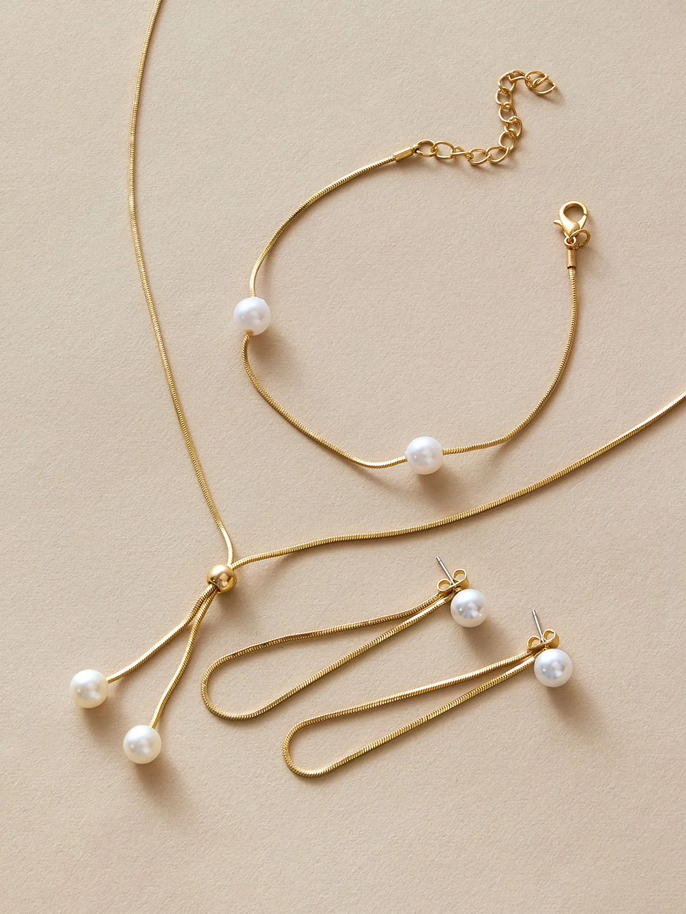 4pcs Faux Pearl Decor Necklace & Earrings & Bracelet - Gold