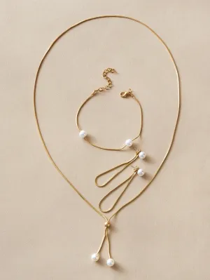 4pcs Faux Pearl Decor Necklace & Earrings & Bracelet - Gold