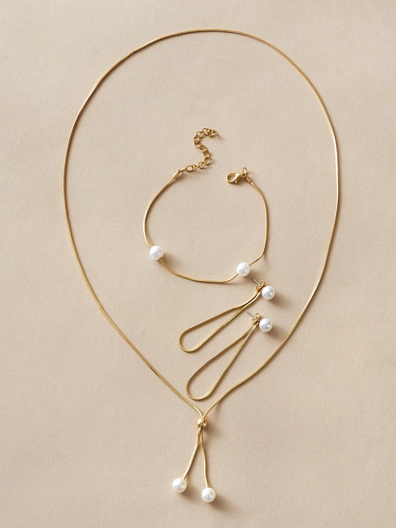 4pcs Faux Pearl Decor Necklace & Earrings & Bracelet - Gold