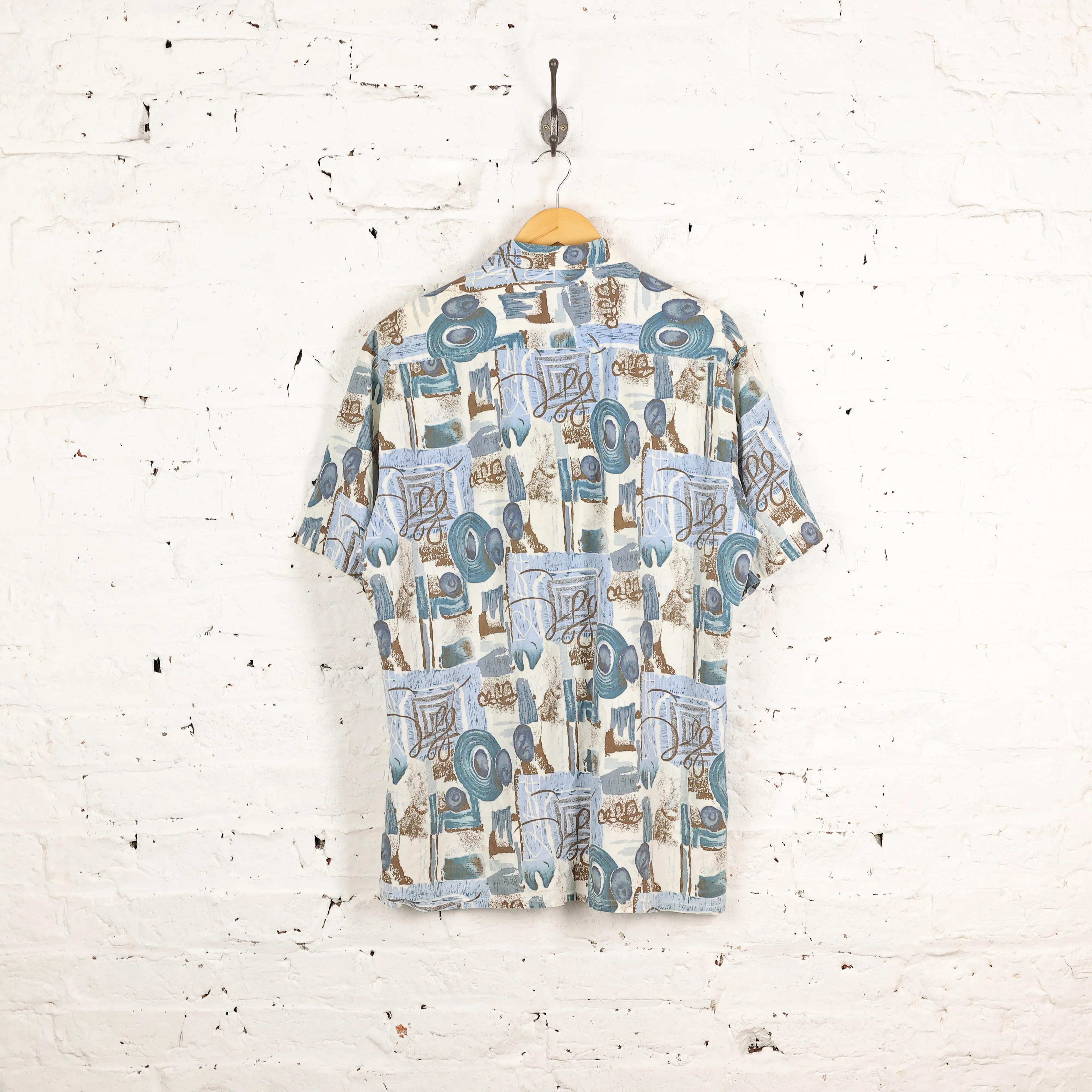 90s Short Sleeve Pattern Shirt - Blue - XL