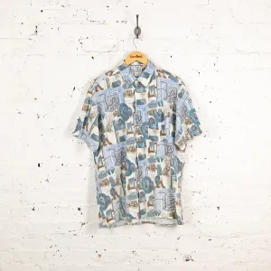 90s Short Sleeve Pattern Shirt - Blue - XL