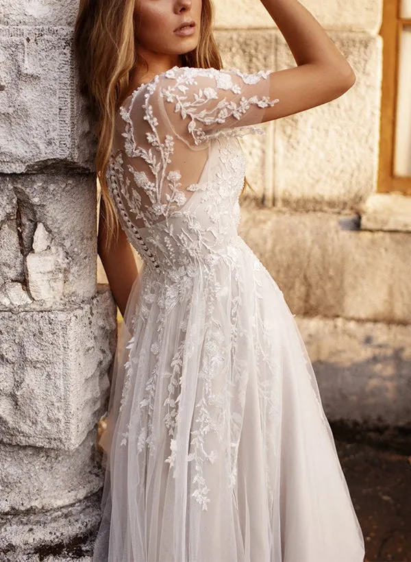 A-Line Illusion Neck Short Sleeves Elegant Tulle With Appliques Lace
