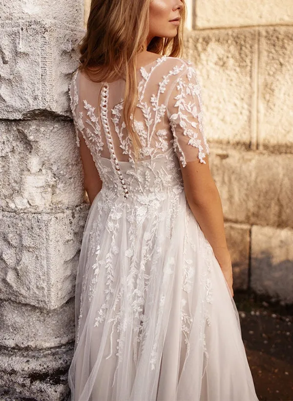 A-Line Illusion Neck Short Sleeves Elegant Tulle With Appliques Lace