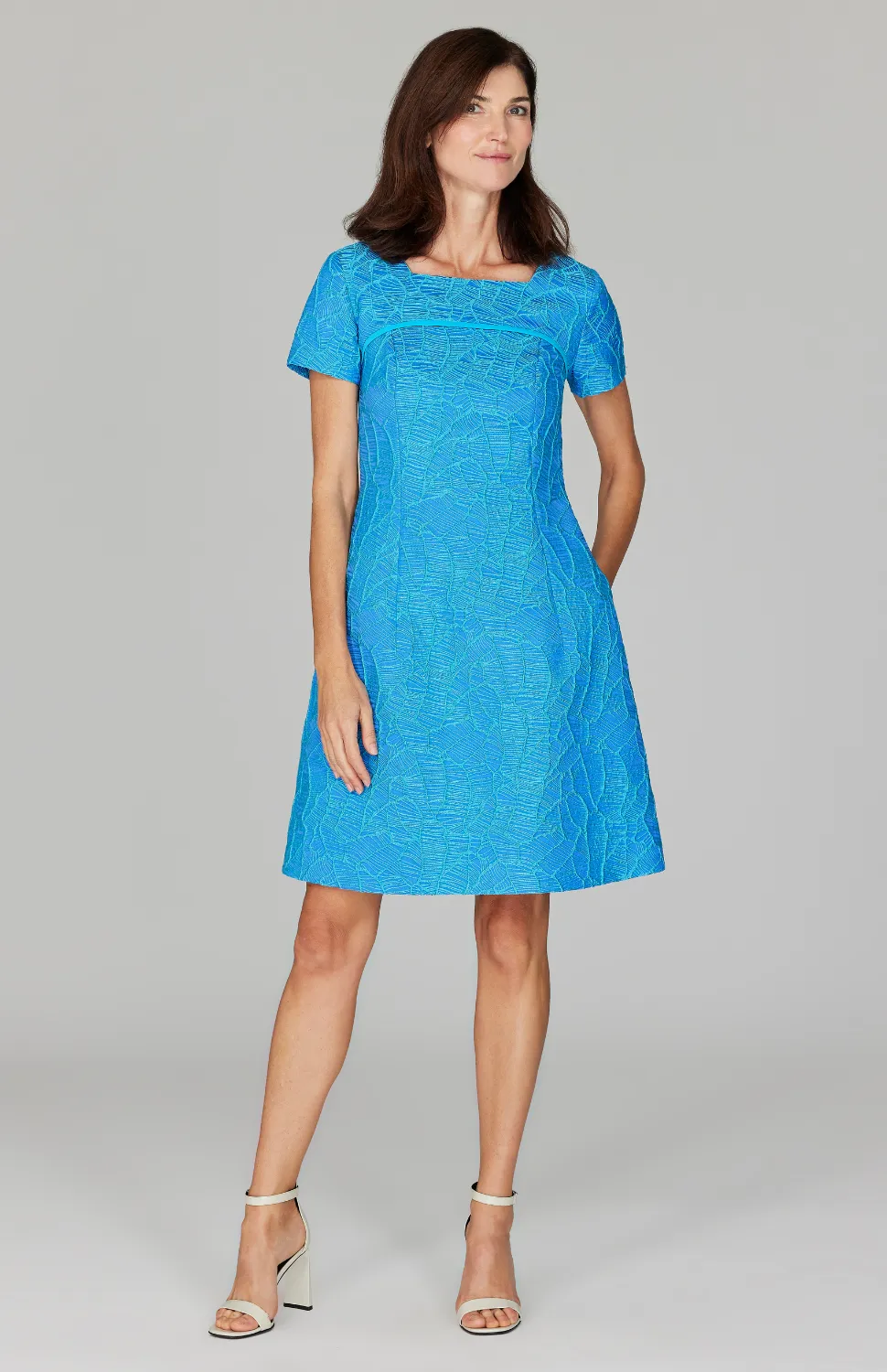 Abstract Botanic Stretch Jacquard Short Sleeve Fit & Flare Dress