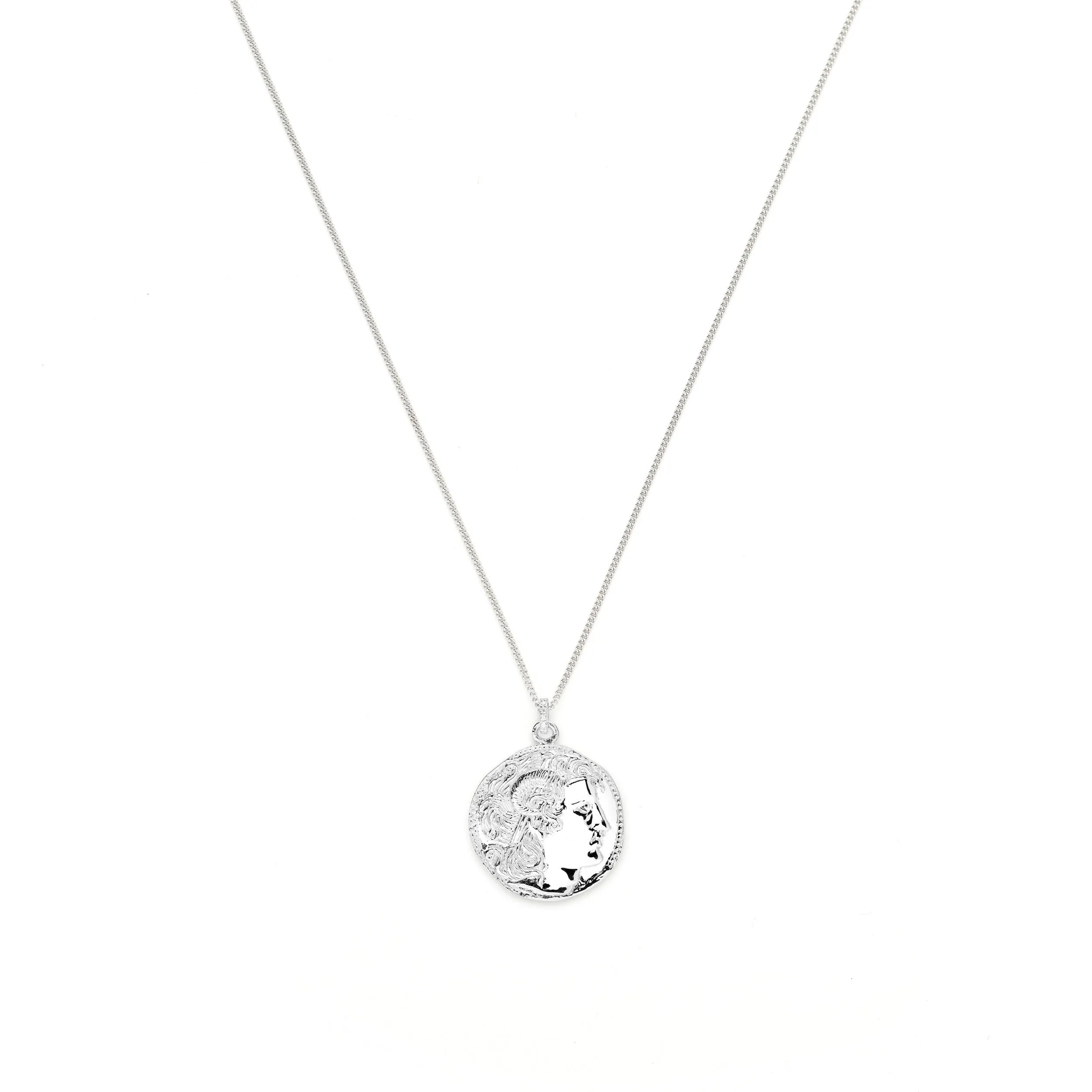 Alexander the Great Bust Antique Coin Necklace, Unisex, White Rhodium Over Sterling Silver
