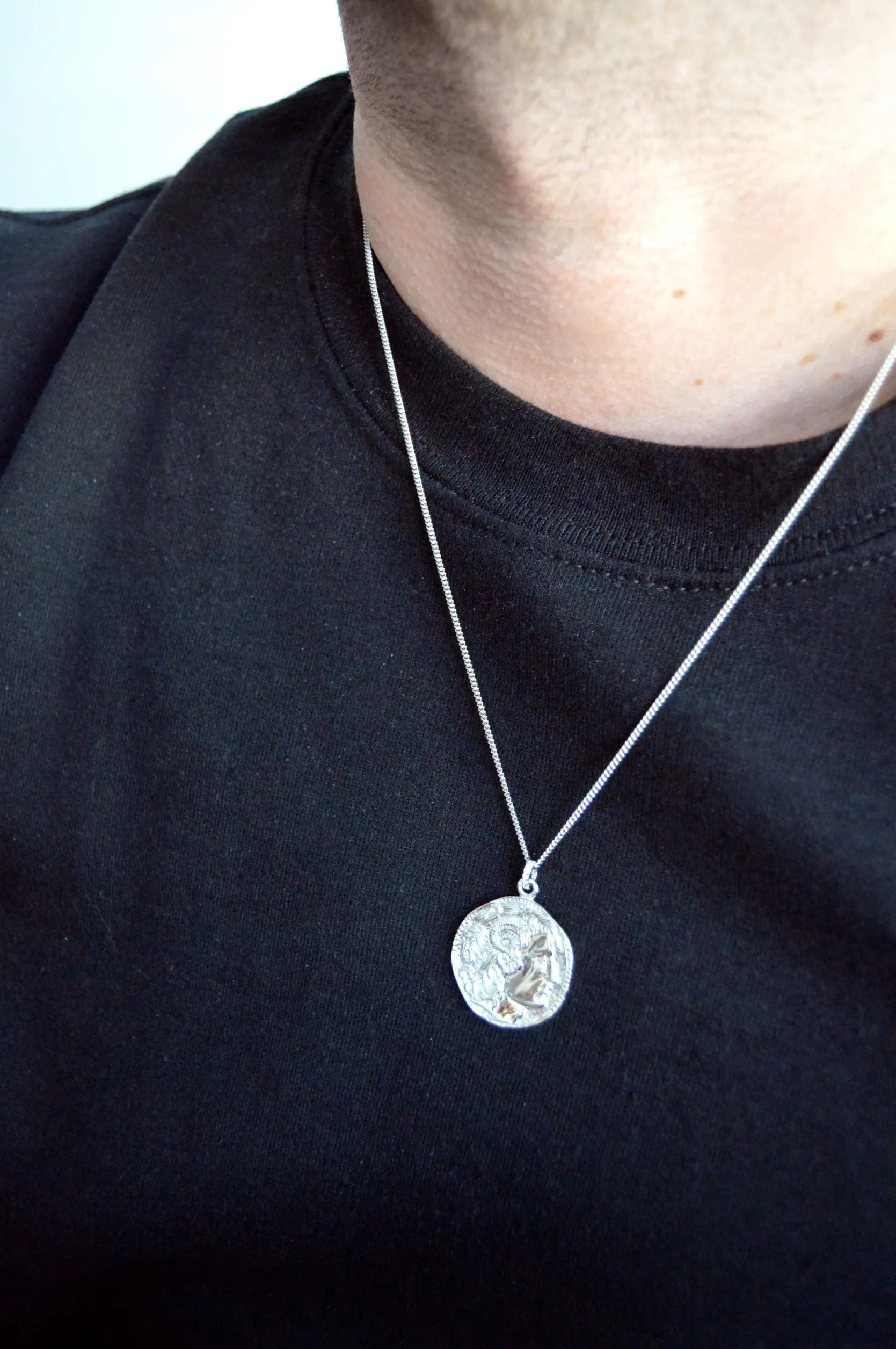 Alexander the Great Bust Antique Coin Necklace, Unisex, White Rhodium Over Sterling Silver