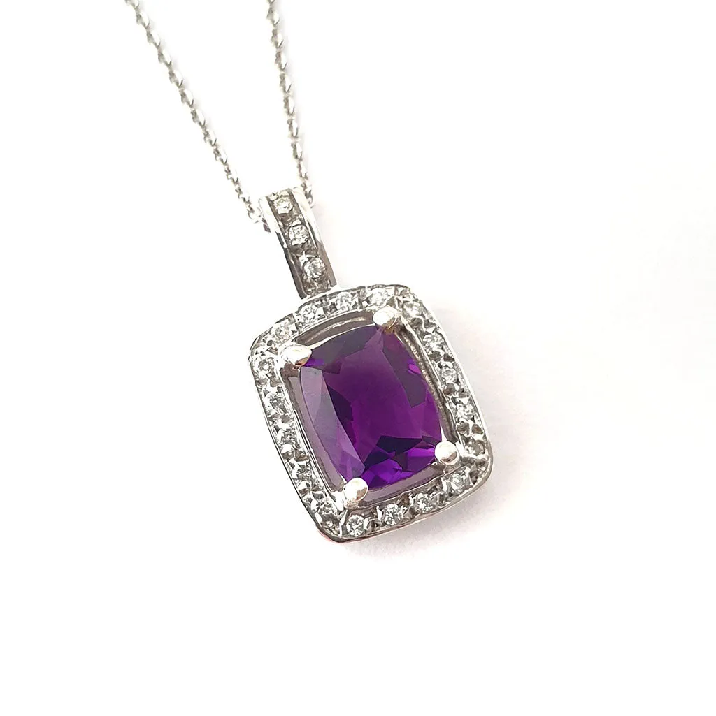 Amethyst Cushion Cut and Diamond Halo Pendant