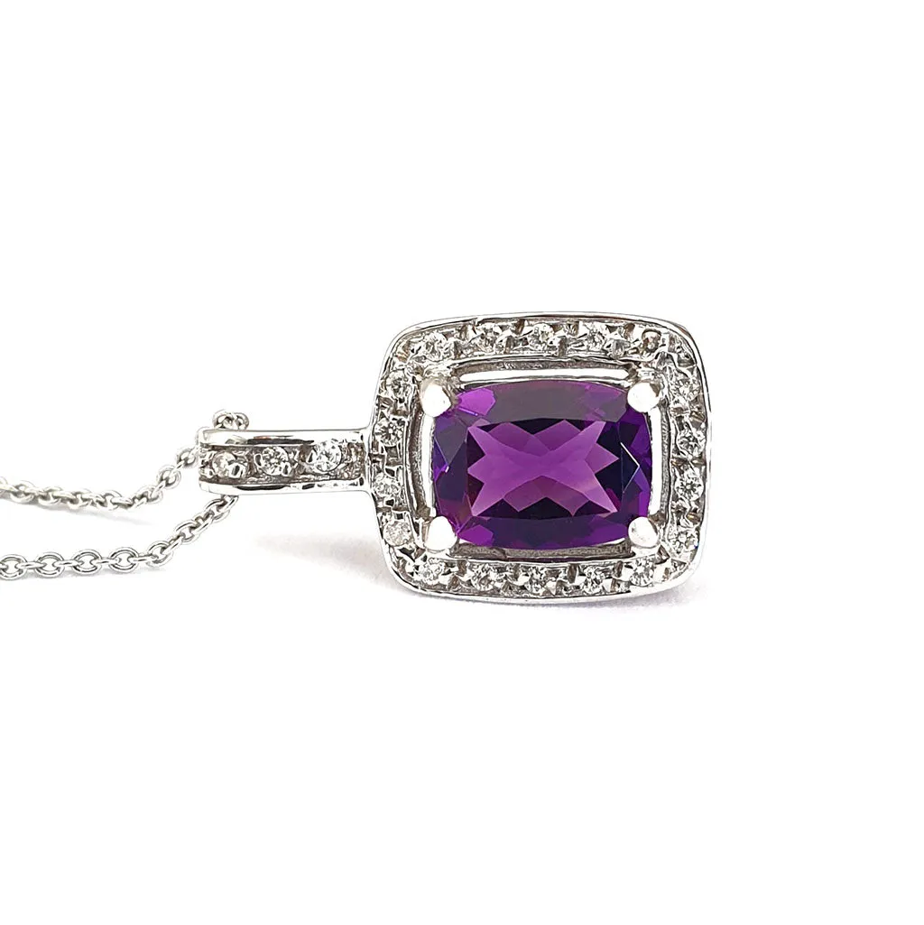 Amethyst Cushion Cut and Diamond Halo Pendant