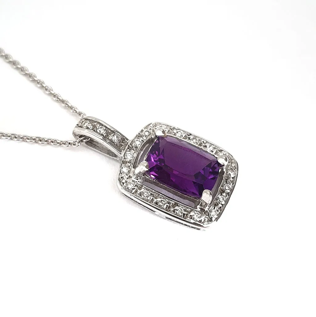 Amethyst Cushion Cut and Diamond Halo Pendant