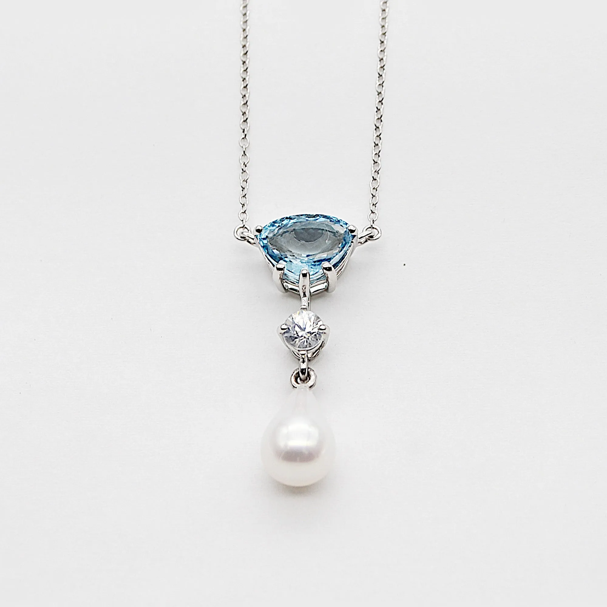 Aquamarine, White Zircon & Baroque Pearl Drop Necklace