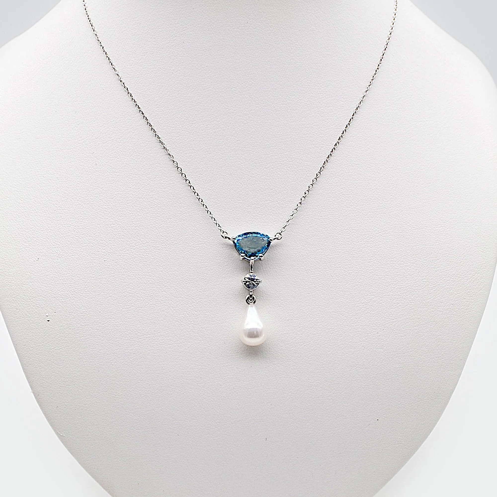 Aquamarine, White Zircon & Baroque Pearl Drop Necklace
