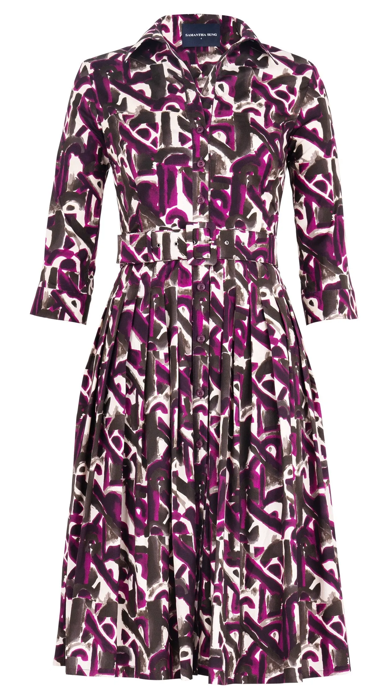 Audrey Dress #2 Shirt Collar 3/4 Sleeve Long Length Cotton Stretch (Abstact Motherwell)