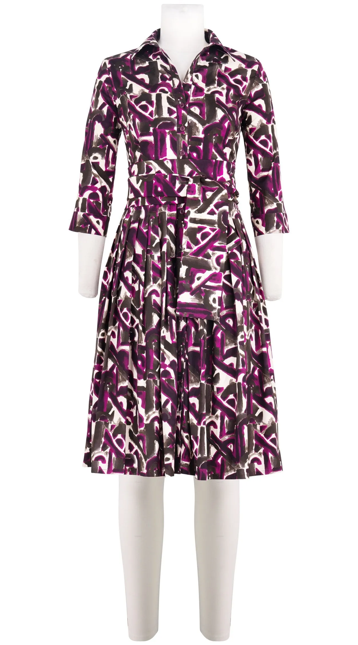 Audrey Dress #2 Shirt Collar 3/4 Sleeve Long Length Cotton Stretch (Abstact Motherwell)