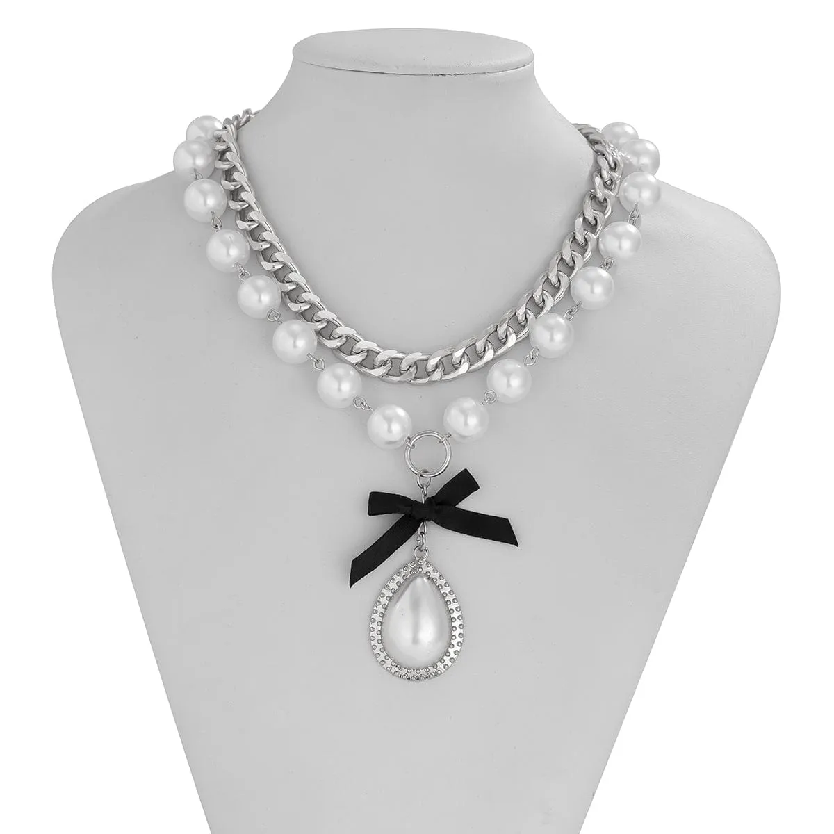 Baroque 2pcs Bowknot Pearl Pendant Curb Chain Necklace Set