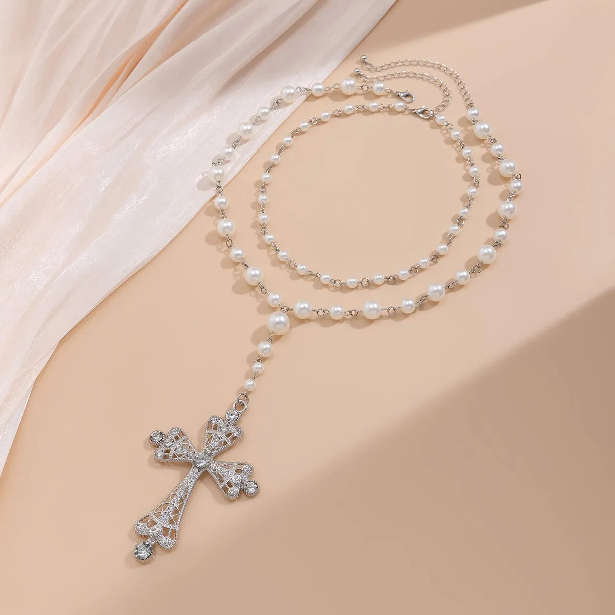 Baroque 2Pcs CZ Inlaid Cross Pendant Pearl Chain Y Necklace