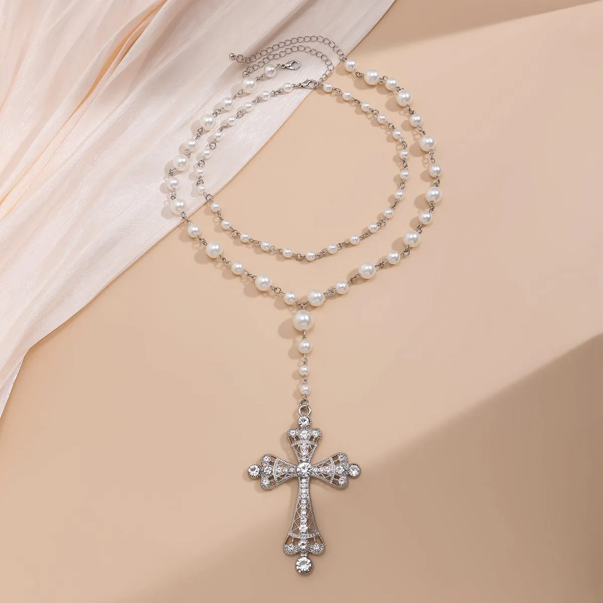 Baroque 2Pcs CZ Inlaid Cross Pendant Pearl Chain Y Necklace