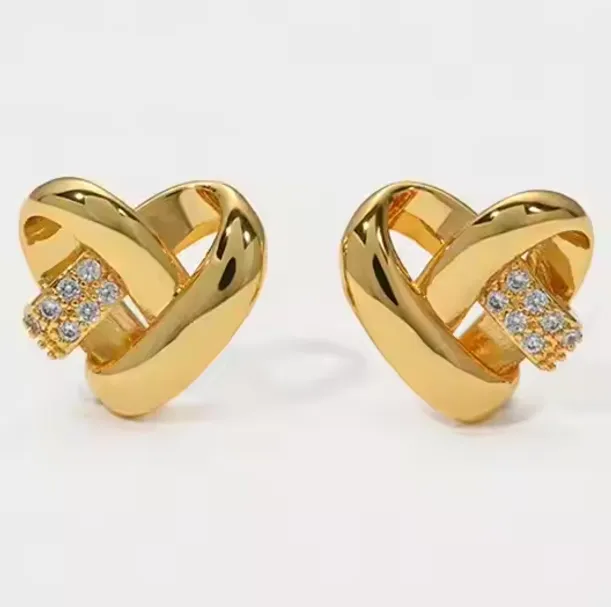 Baroque Brass 18k Real Gold Plated Patchwork With Zirconia Geometric Heart Earrings