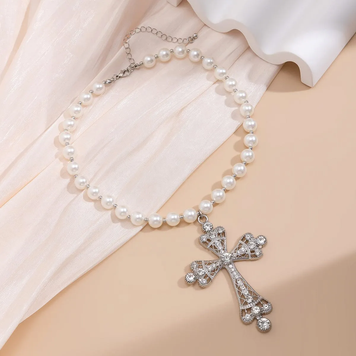 Baroque Cross Pendant Pearl Chain Choker Necklace