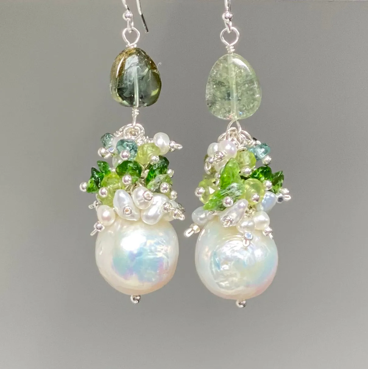 Baroque Edison Pearl and Green Gemstone and Tourmaline Cluster Earrings