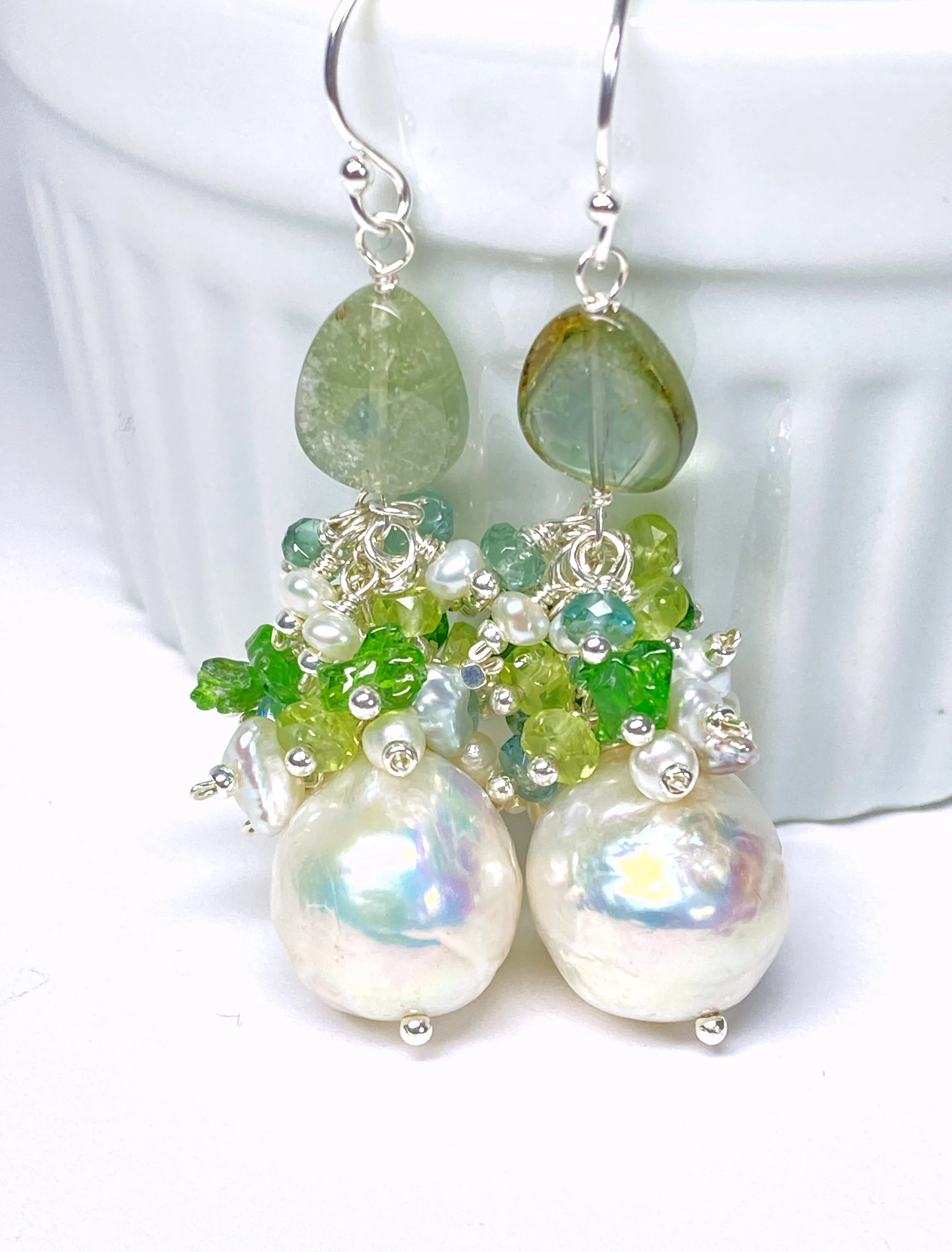Baroque Edison Pearl and Green Gemstone and Tourmaline Cluster Earrings