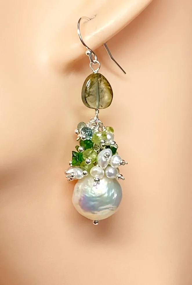 Baroque Edison Pearl and Green Gemstone and Tourmaline Cluster Earrings