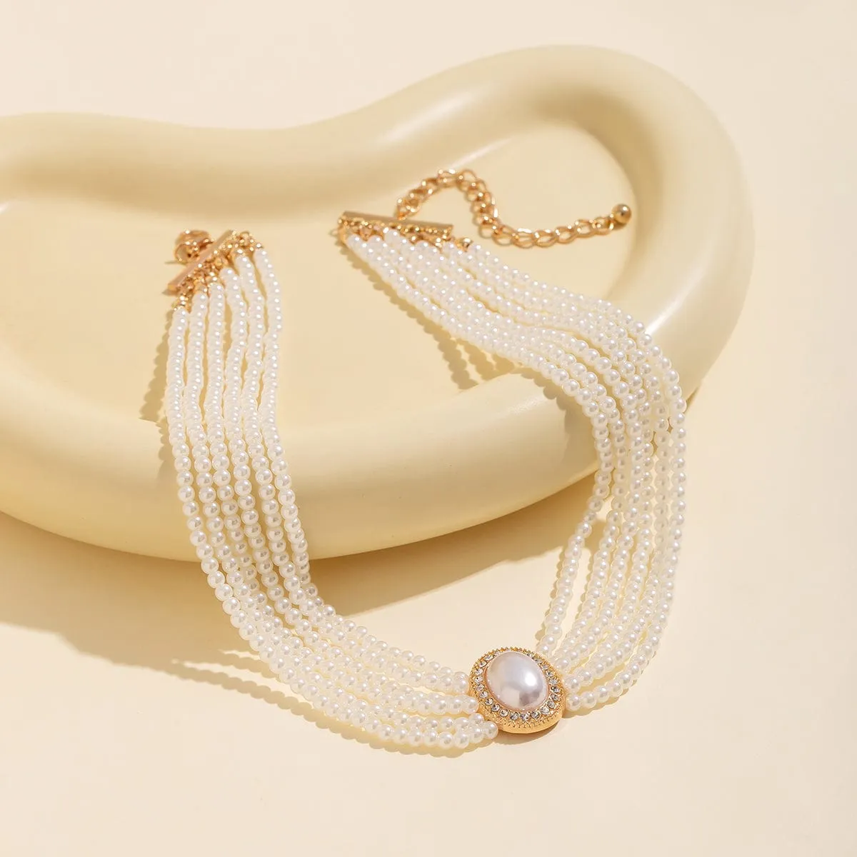 Baroque Layered Rhinestone Inlaid Crystal Pearl Chain Necklace