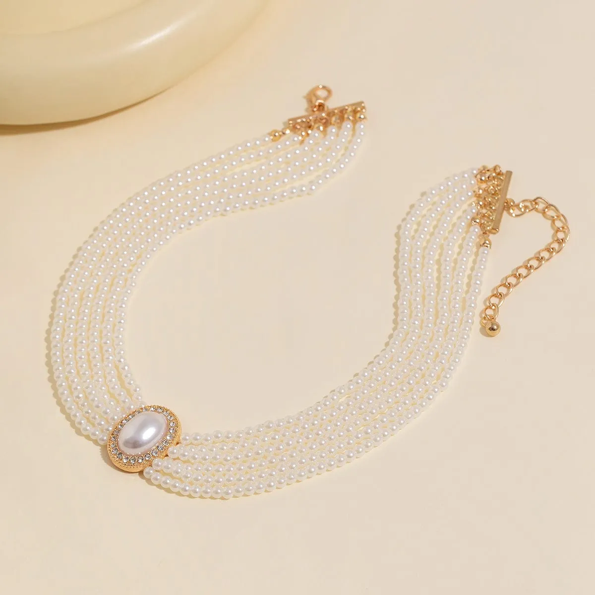 Baroque Layered Rhinestone Inlaid Crystal Pearl Chain Necklace
