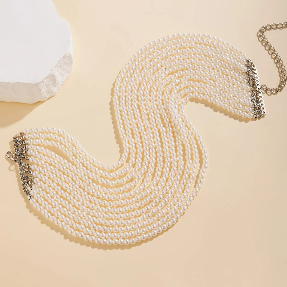 Baroque Multi-Layered Pearl Chain Choker Necklace
