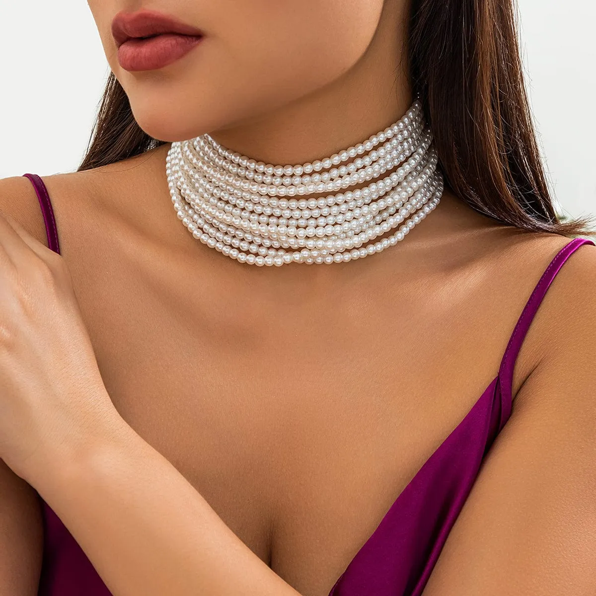 Baroque Multi-Layered Pearl Chain Choker Necklace