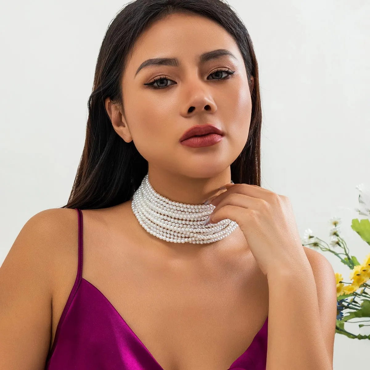 Baroque Multi-Layered Pearl Chain Choker Necklace