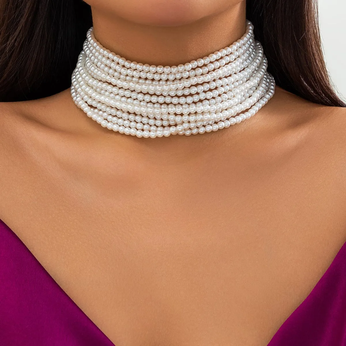 Baroque Multi-Layered Pearl Chain Choker Necklace