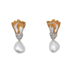 Baroque Pearl Diamond Drop Earrings Vintage 18k Yellow White Gold Estate Jewelry