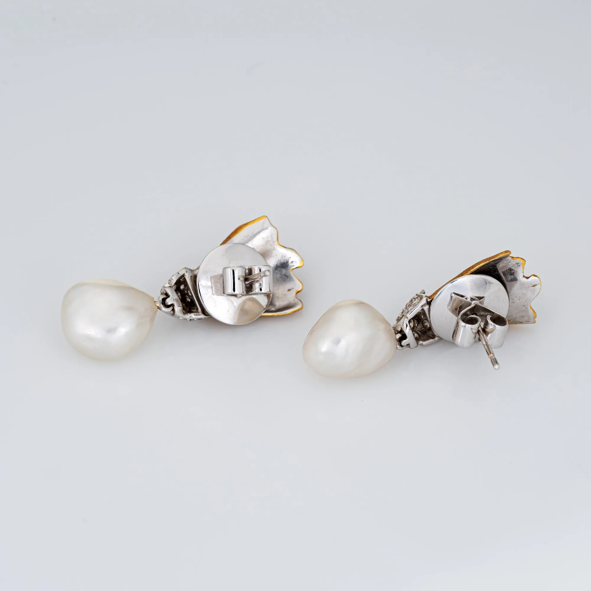 Baroque Pearl Diamond Drop Earrings Vintage 18k Yellow White Gold Estate Jewelry